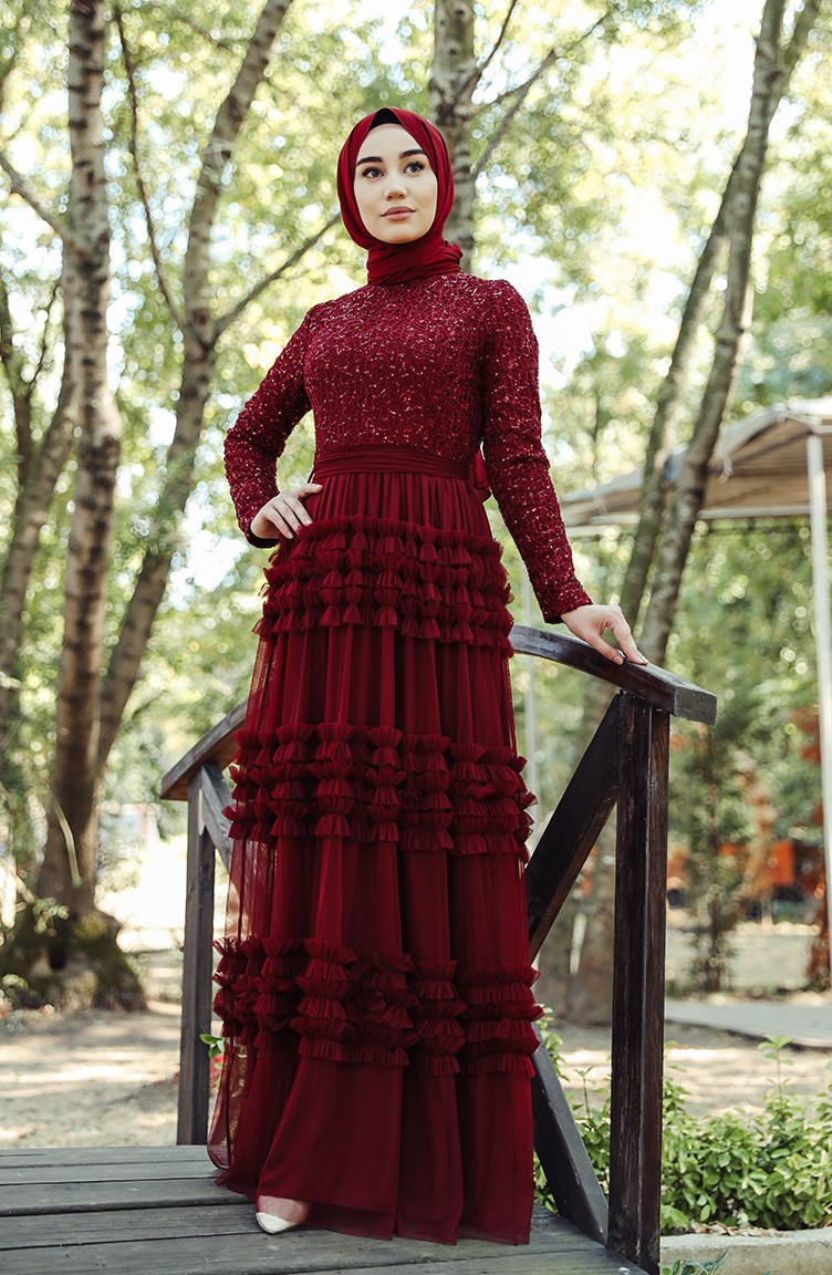 Claret Red Hijab Evening Dress 52770-02 | Sefamerve