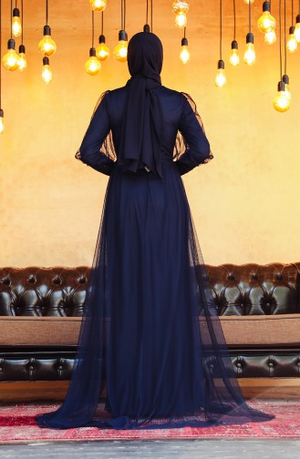Navy Blue Hijab Evening Dress 5346-04