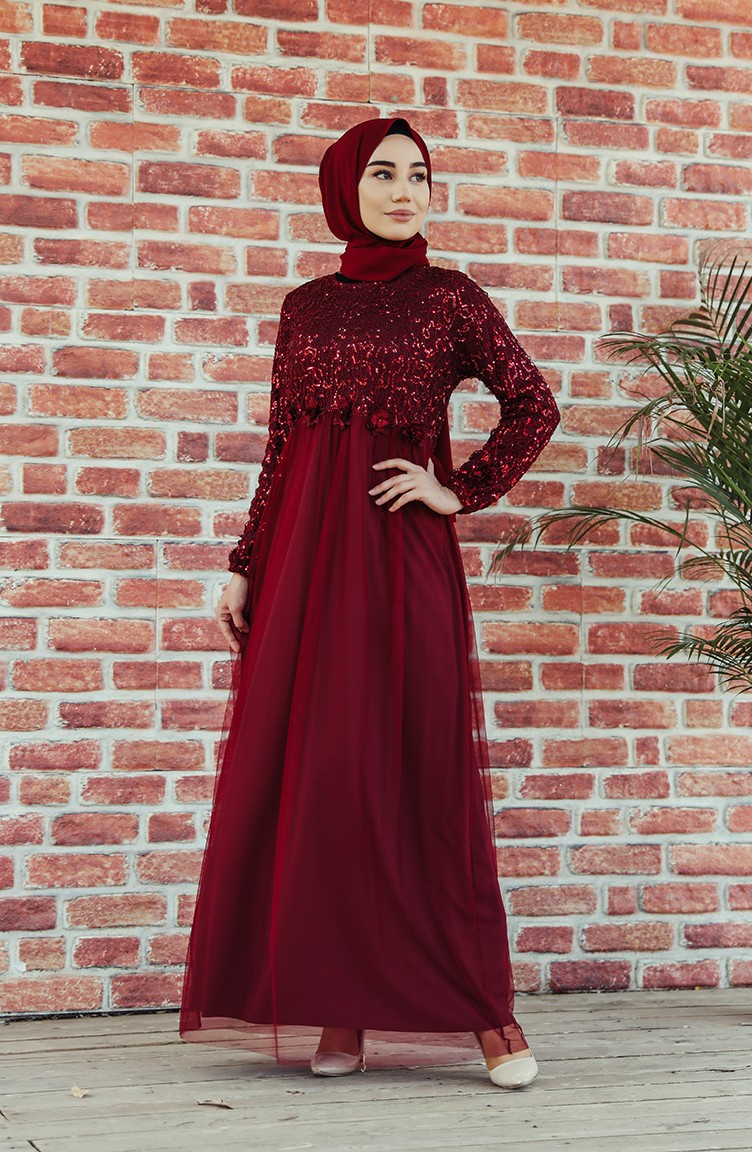 Weinrot Hijab-Abendkleider 7593-02 | Sefamerve