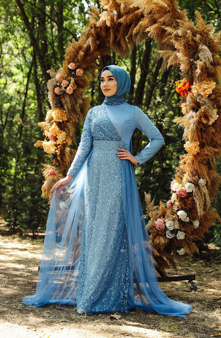 Blau Hijab-Abendkleider 5345-08 | Sefamerve