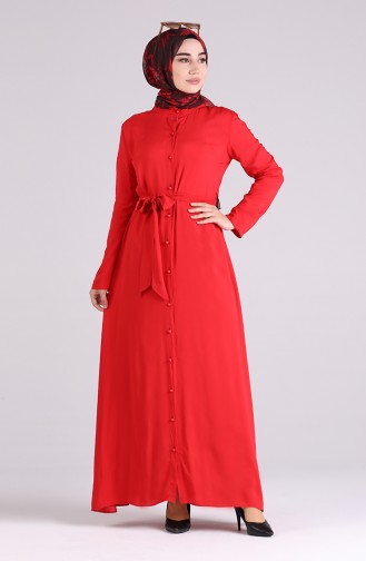 Boydan Düğmeli Kuşaklı Elbise 60181A-01 Kırmızı