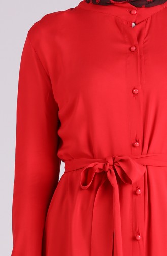 Boydan Düğmeli Kuşaklı Elbise 60181A-01 Kırmızı