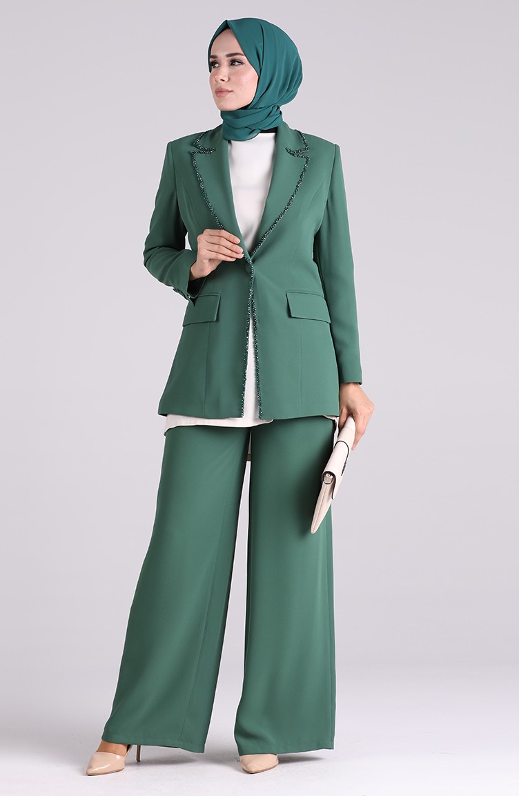 Boncuklu Ceket Pantolon İkili Takım 174000-04 Çağla Yeşili | Sefamerve