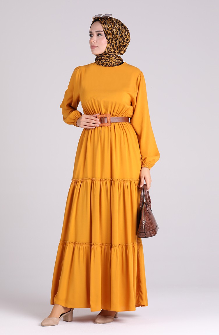 فستان أصفر خردل 3003A-03 | Sefamerve