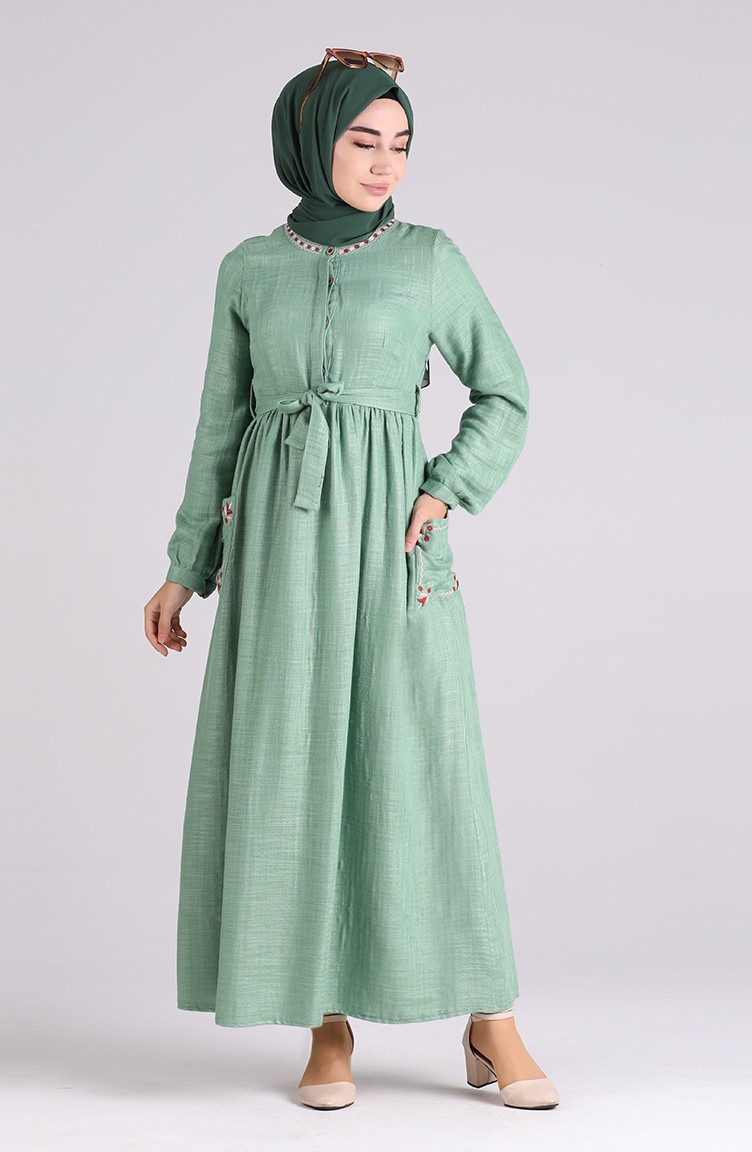 Nakışlı Keten Elbise 3016-03 Yeşil | Sefamerve