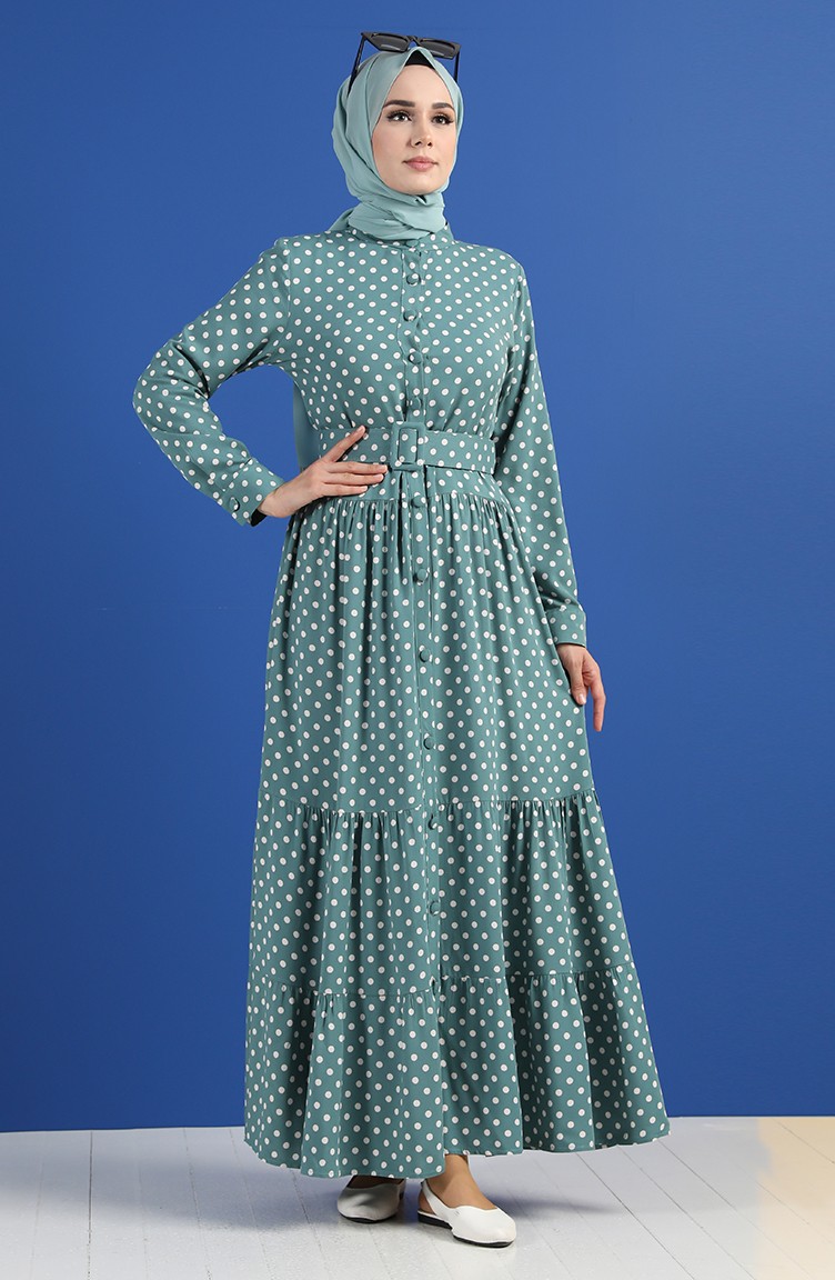 Puantiye Desenli Kemerli Elbise 4553-06 Çağla Yeşili | Sefamerve