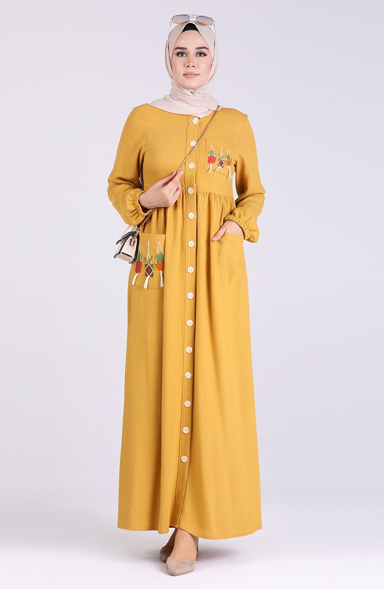 فستان أصفر خردل 3018-10 | Sefamerve