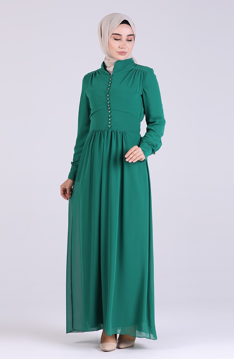 Düğmeli Şİfon Elbise 2038-03 Zümrüt Yeşili | Sefamerve
