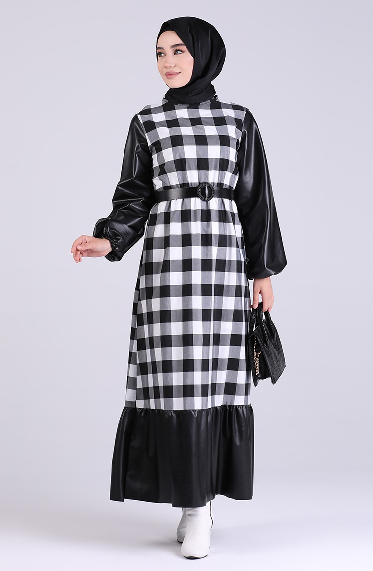 Deri Garnili Kemerli Elbise 1008-01 Siyah Beyaz | Sefamerve