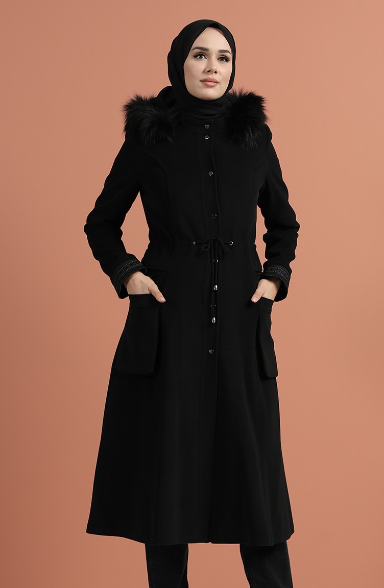 معطف طويل أسود 1007-01 | Sefamerve