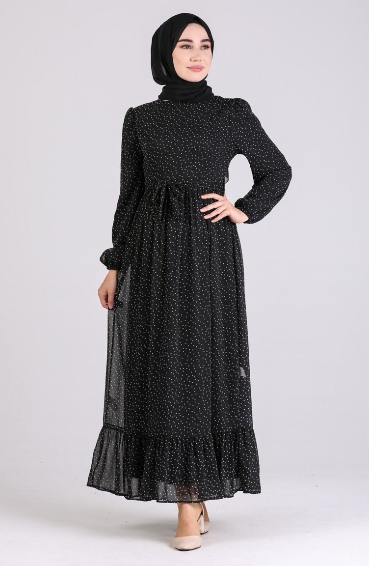 Puantiyeli Şifon Elbise 6088-03 Siyah | Sefamerve