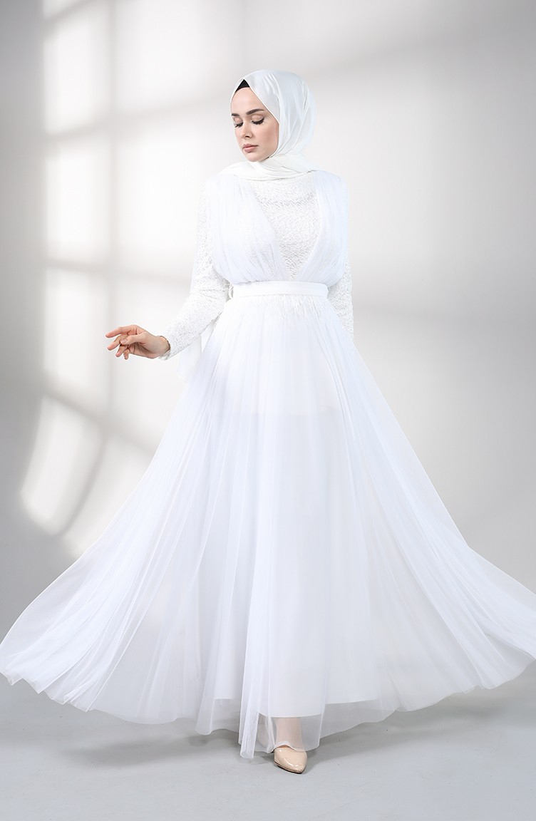 Feathered Evening Dress 5357-09 white 5357-09 | Sefamerve