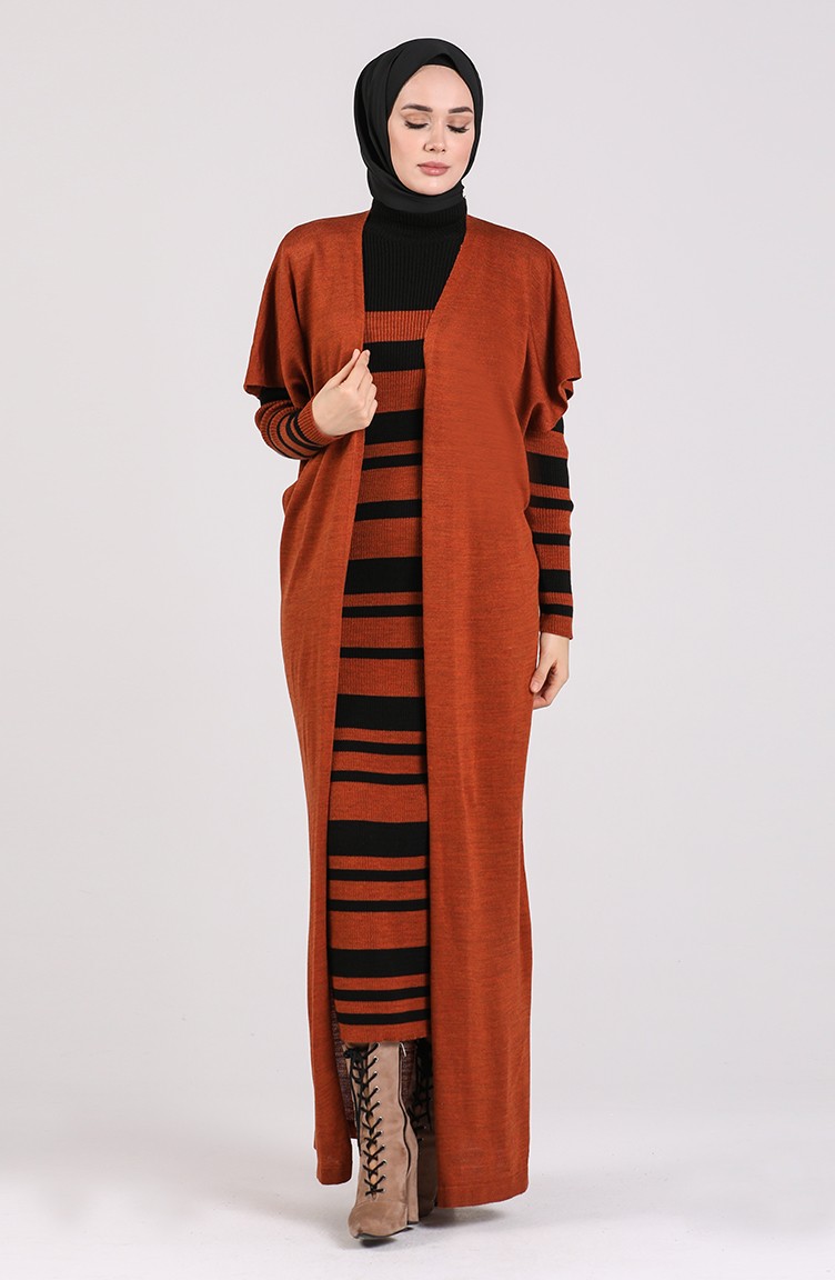 Triko Elbise Hırka İkili Takım 7221-01 Tarçın Renk | Sefamerve