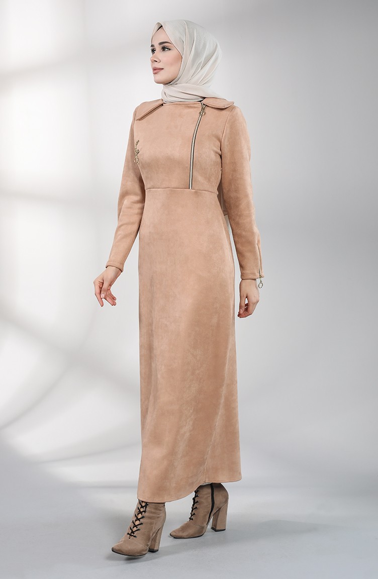 Fermuar Detaylı Süet Elbise 1787-01 Bej | Sefamerve