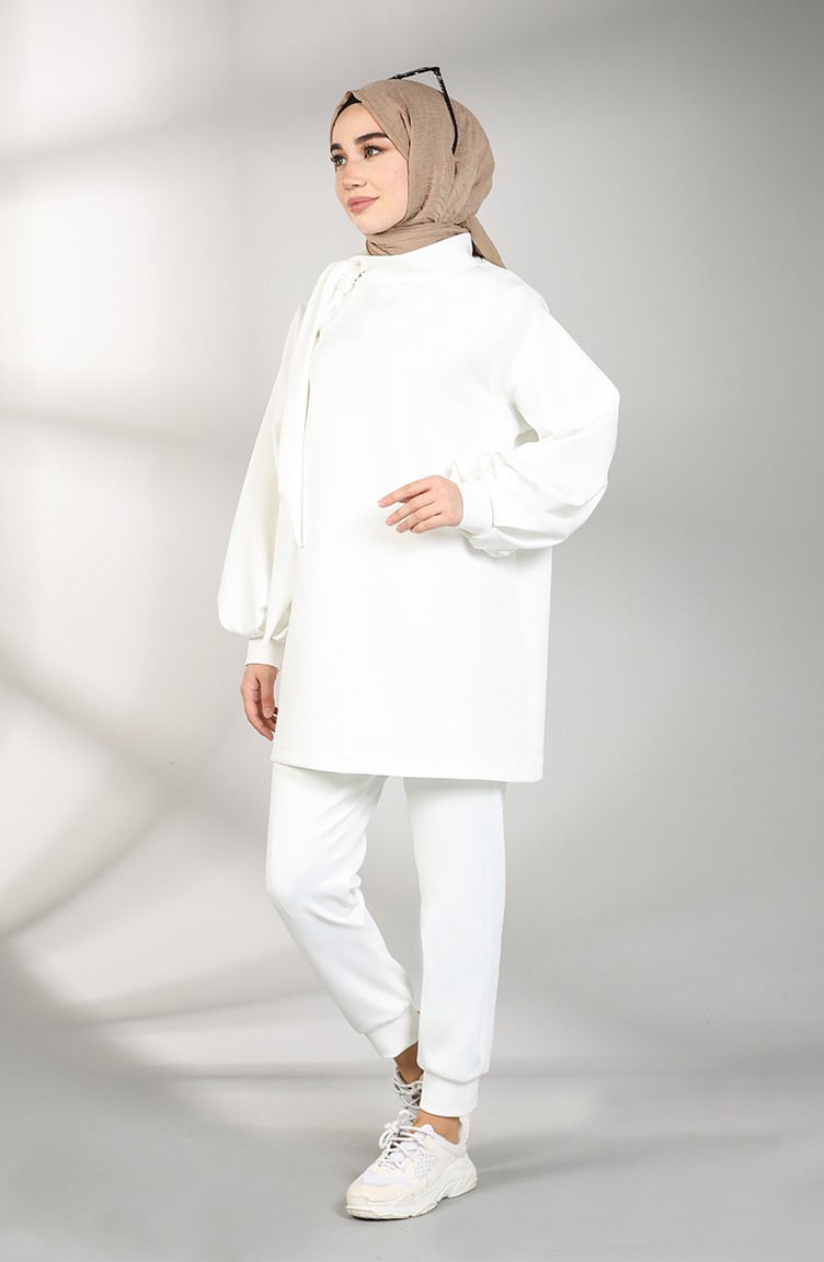 Scuba Kumaş Tunik Pantolon İkili Takım 21004-03 Beyaz | Sefamerve