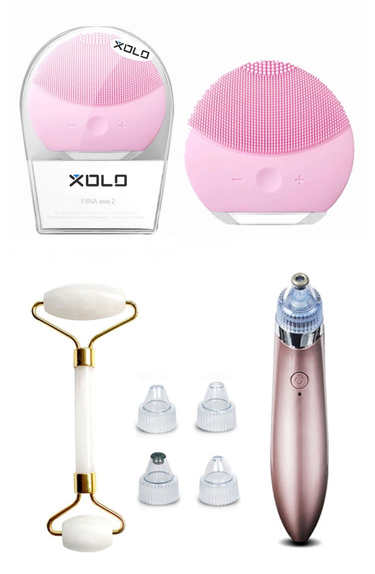 Xolo Yüz Temizleme Cihazı- 4 In 1 Vakumlu Şarjlı Yüz Temizleme - Jade  Roller Beyaz Yeşim Taşı SM0184 Pembe | Sefamerve