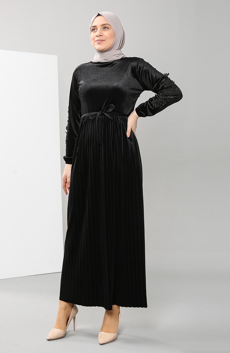 Büyük Beden Dantelli Kadife Elbise 0114-01 Siyah | Sefamerve