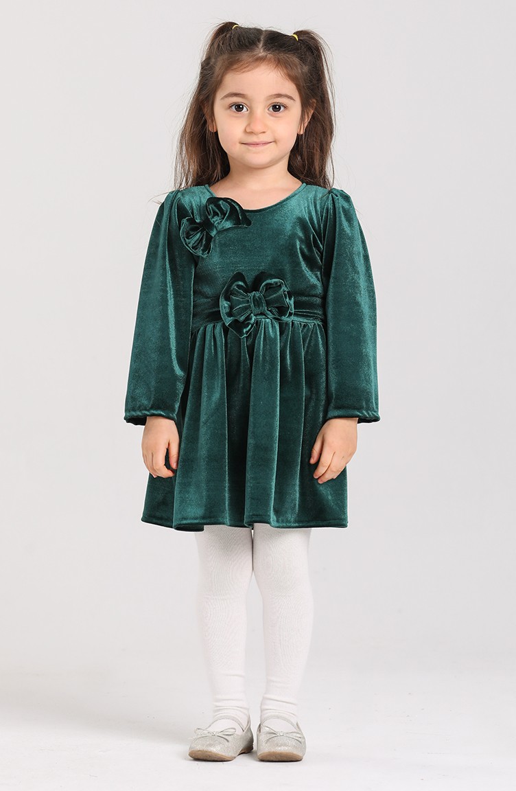 Kadife Çocuk Elbise 2022-01 Zümrüt Yeşil | Sefamerve