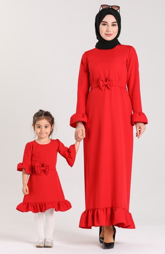 Eteği Büzgülü Anne Kız Kombin Elbise 2027-01 Kırmızı | Sefamerve