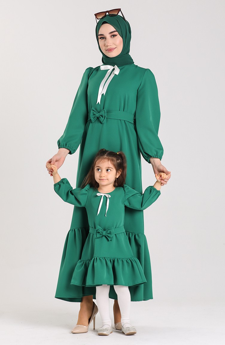 Kolu Lastikli Anne Kız Kombin Elbise 2030-01 Yeşil | Sefamerve