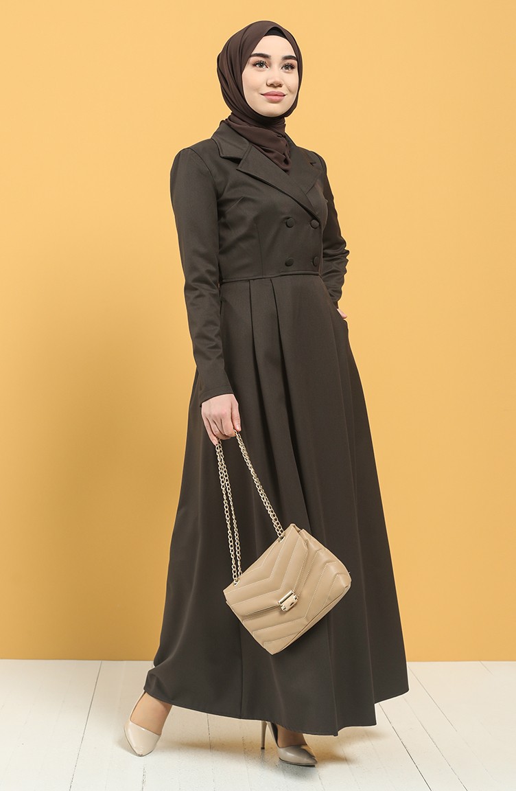 Kruvaze Yaka Pileli Elbise 3245-01 Kahverengi | Sefamerve