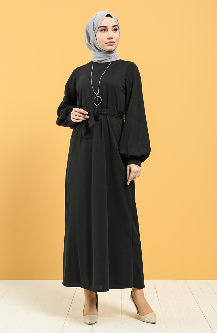 Kuşaklı Krep Elbise 5304-05 Siyah | Sefamerve