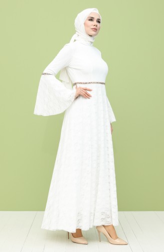 Dantelli Taş Şeritli Elbise 2052-01 Beyaz | Sefamerve