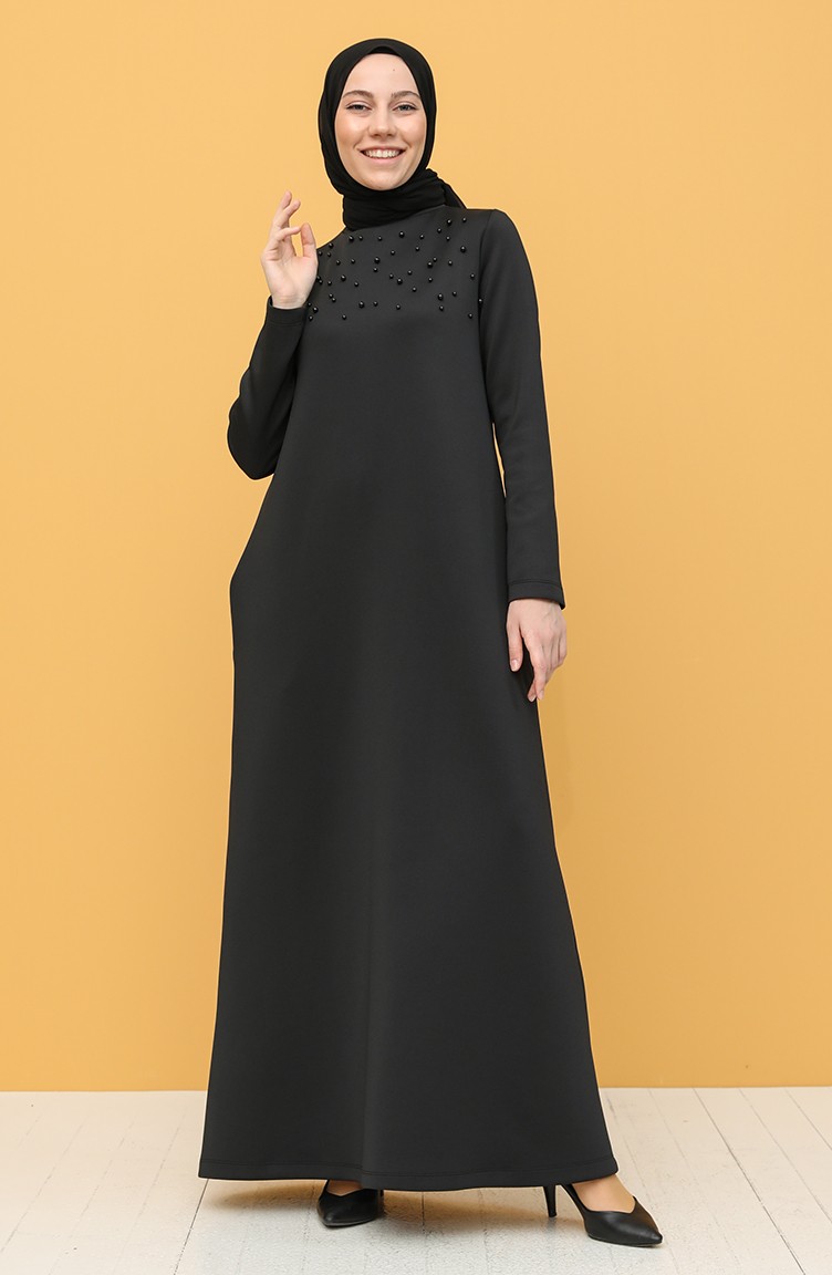 Scuba Kumaş İncili Elbise 1000-02 Siyah | Sefamerve