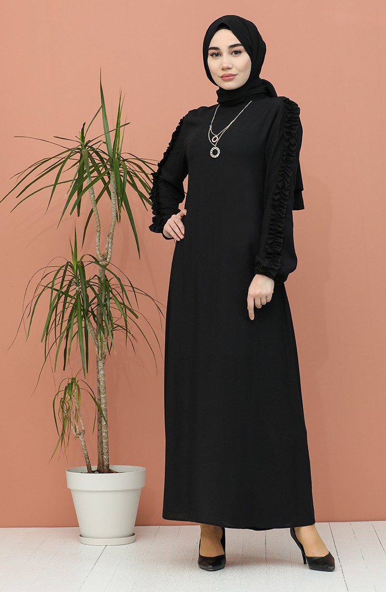 Kolları Fırfırlı Elbise 7004-01 Siyah | Sefamerve