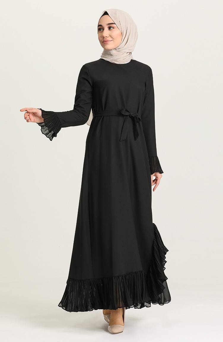 Volanlı Kuşaklı Elbise 4125-02 Siyah | Sefamerve