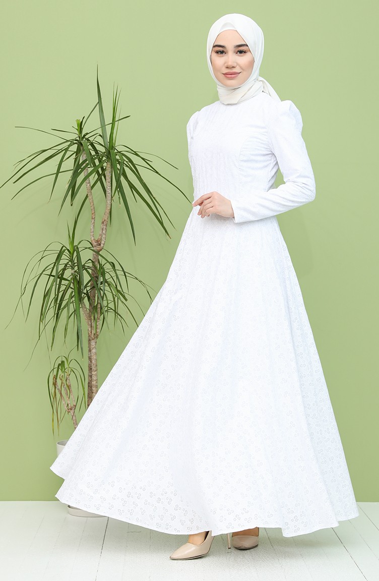 Astarlı Kloş Abiye Elbise 7286-01 Beyaz | Sefamerve