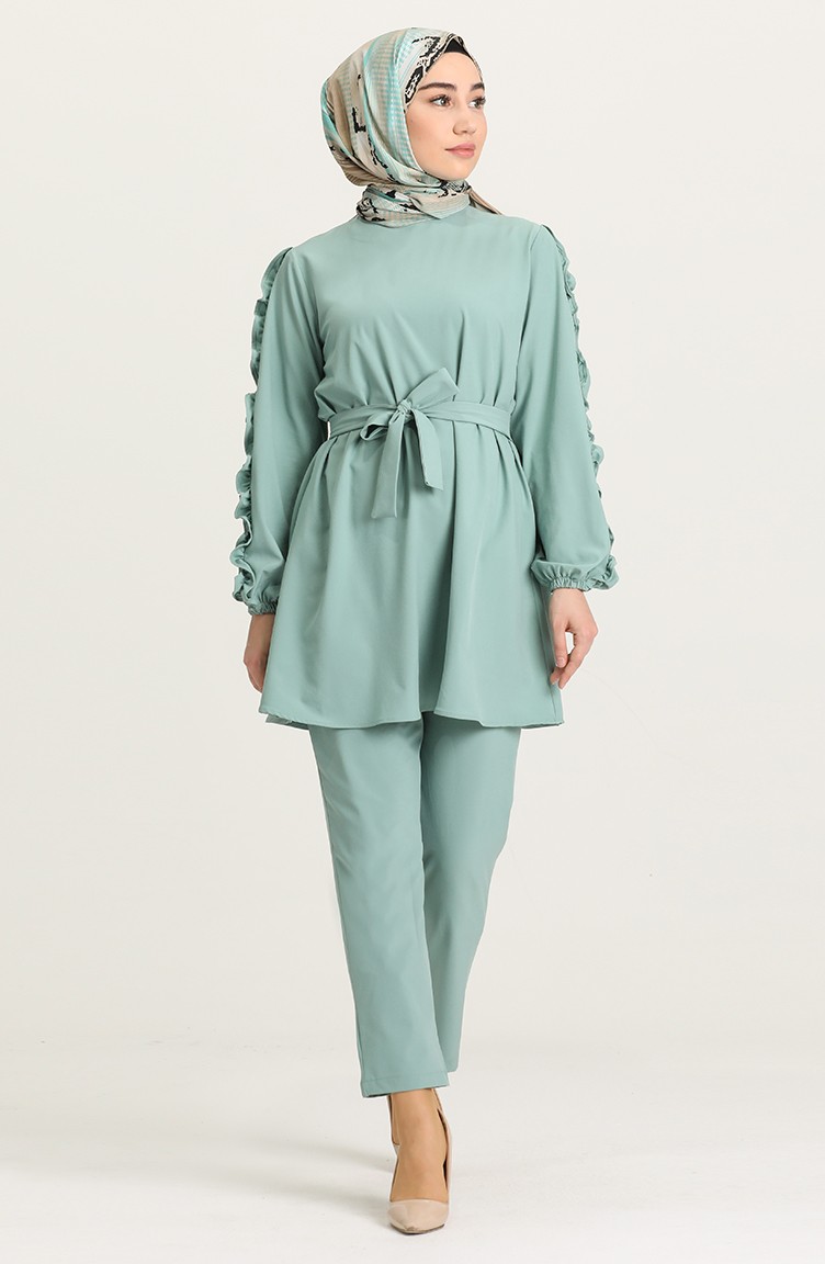 Kolu Fırfırlı Tunik Pantolon İkili Takım 1412-02 Mint Yeşili | Sefamerve