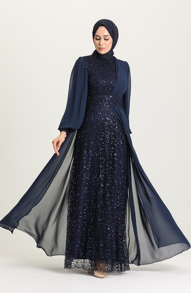 Navy Blue Hijab Evening Dress 5408-03 | Sefamerve
