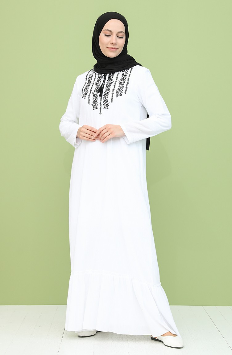 Şile Bezi Nakışlı Elbise 22213-01 Beyaz | Sefamerve