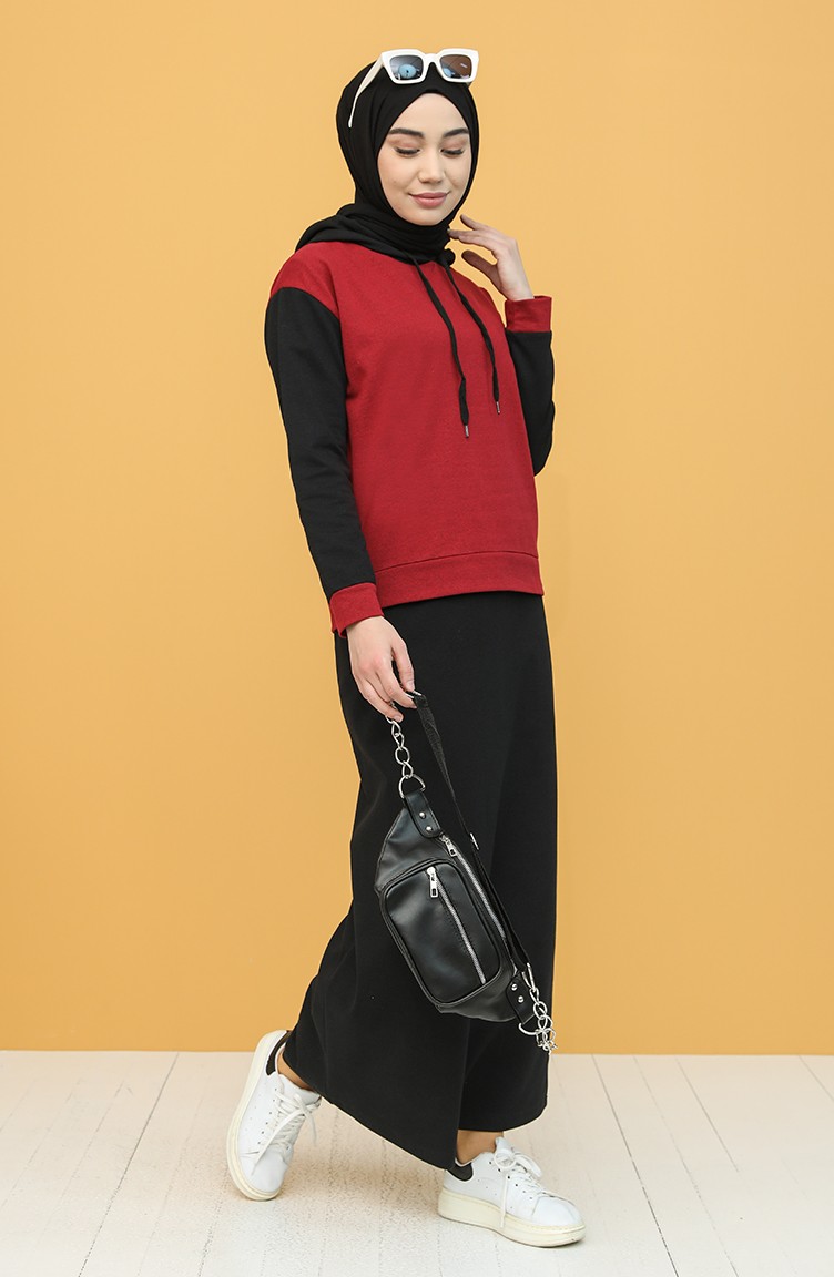 Kapüşonlu Sweatshirt Etek İkili Takım 5097-01 Siyah | Sefamerve