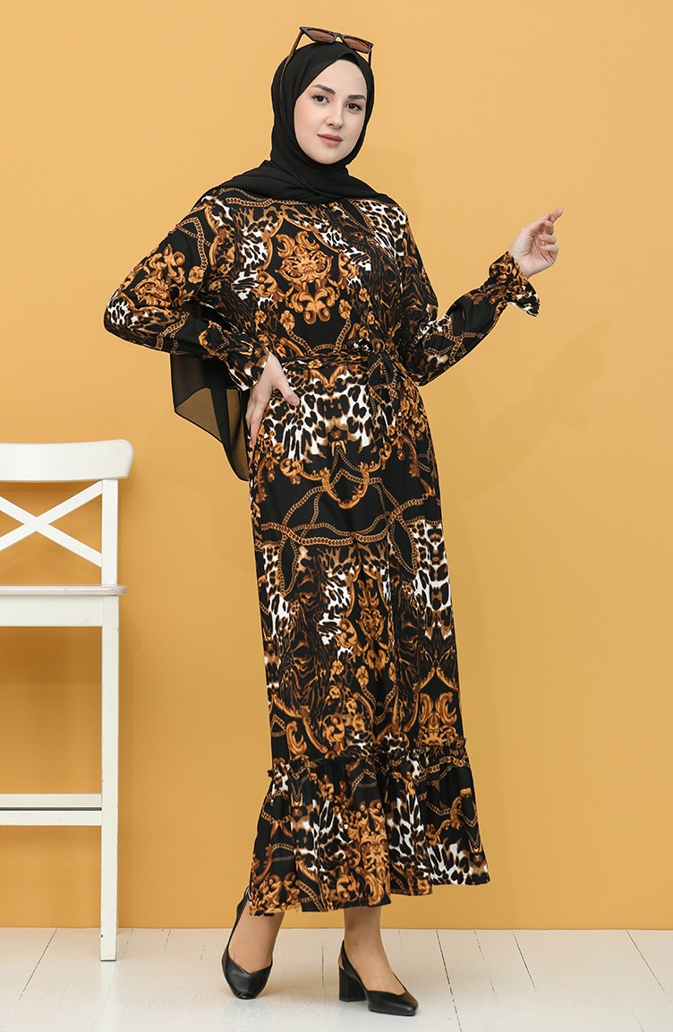 Büyük Beden Desenli Kuşaklı Elbise 4572B-01 Siyah | Sefamerve