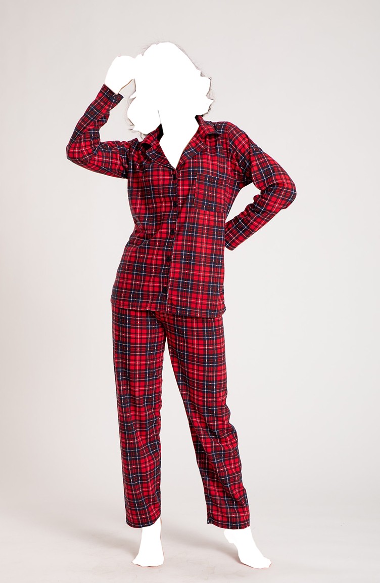 Kadın Kareli Pijama Takımı Düğmeli 104 SVS-8040-01 Kırmızı | Sefamerve