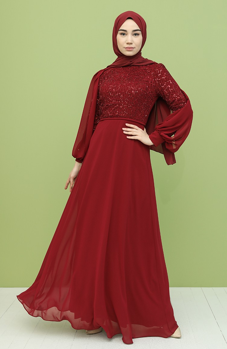 Claret Red Hijab Evening Dress 4861-01 | Sefamerve