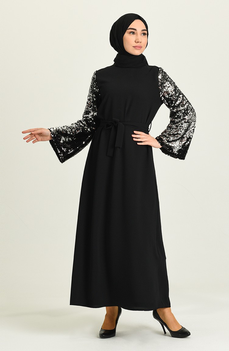 Kolları Payetli Elbise 2600-01 Siyah | Sefamerve