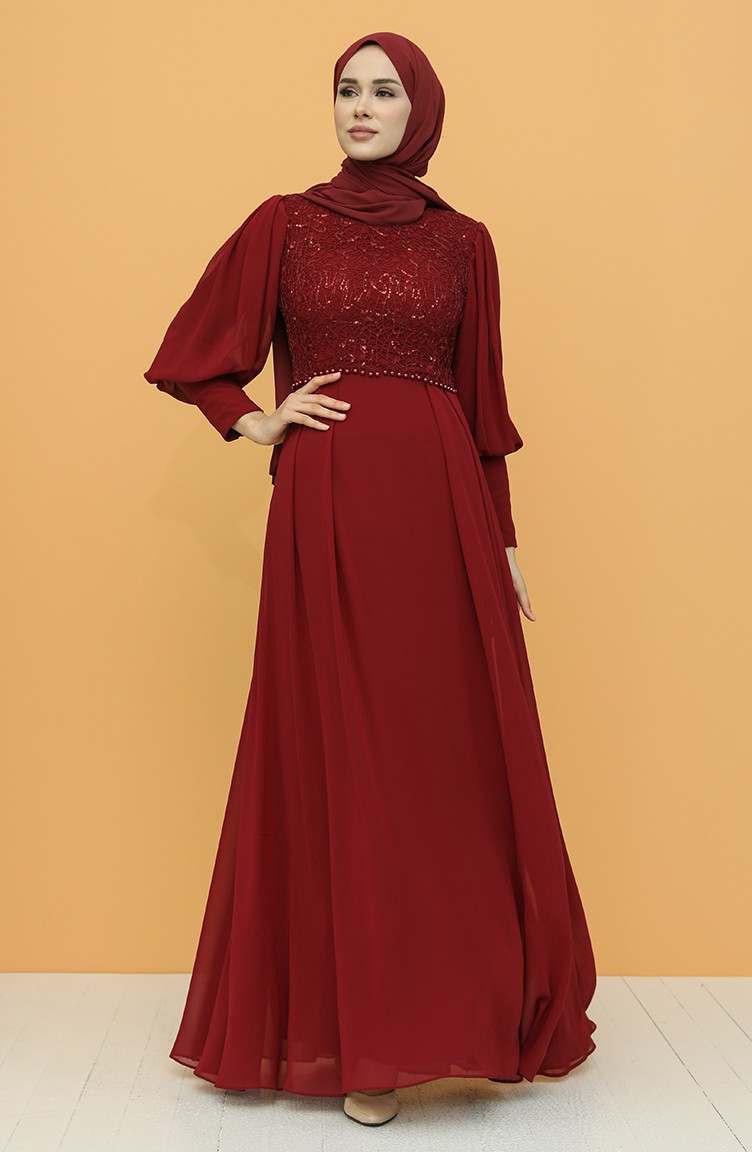 Claret Red Hijab Evening Dress 4852-06 | Sefamerve