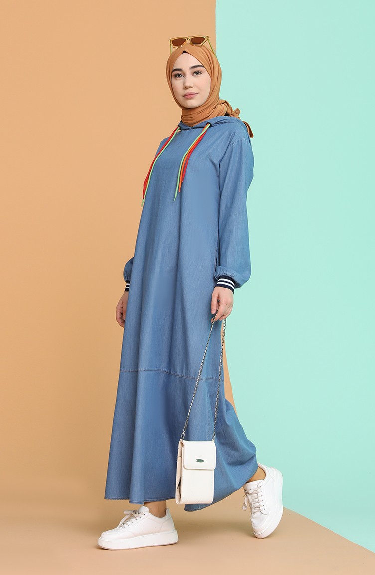 Kapüşonlu Kot Elbise 6209-01 Kot Mavi | Sefamerve