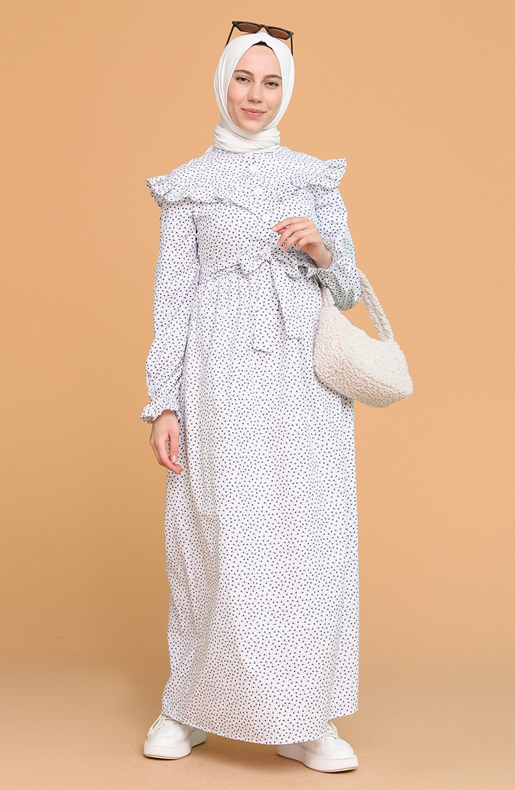 Boydan Düğmeli Fırfırlı Elbise 21Y8315-02 Beyaz | Sefamerve