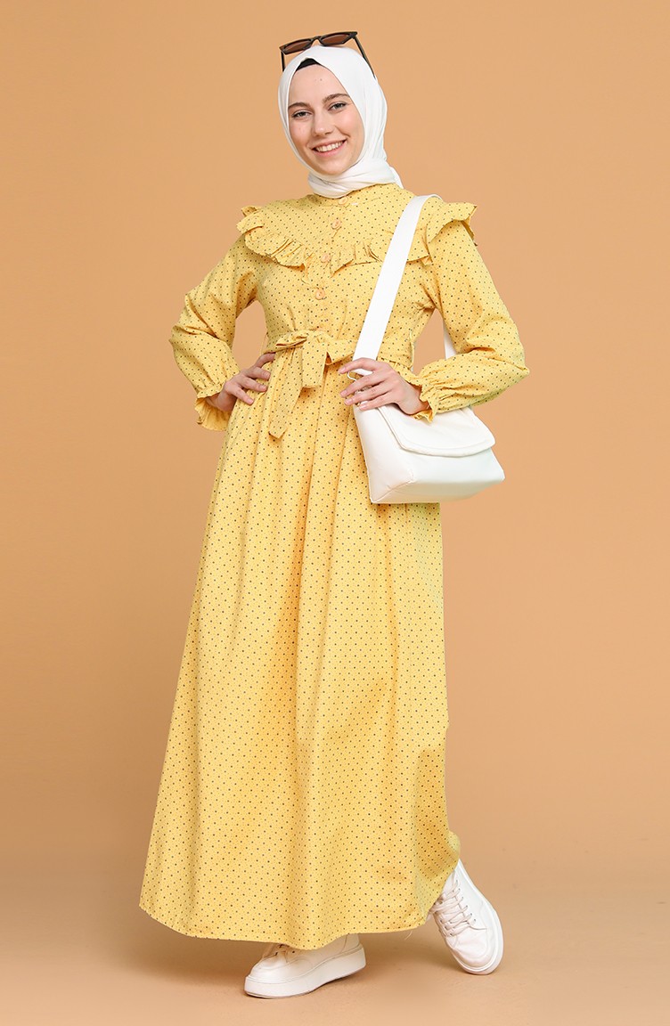 Boydan Düğmeli Fırfırlı Elbise 21Y8315-06 Sarı | Sefamerve