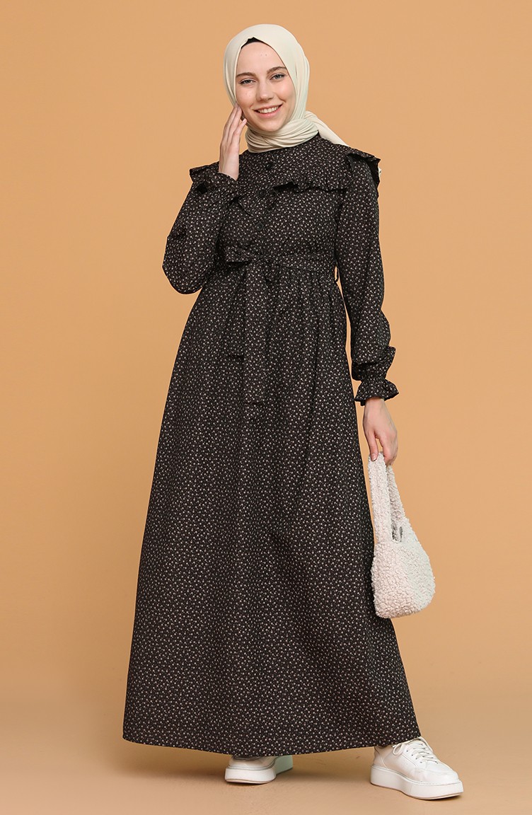 Boydan Düğmeli Fırfırlı Elbise 21Y8315-08 Siyah | Sefamerve