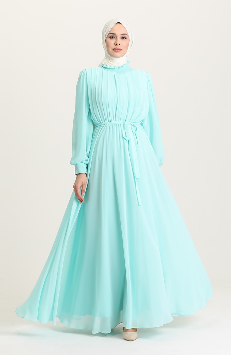 Mint Green Hijab Evening Dress 4826-14 | Sefamerve