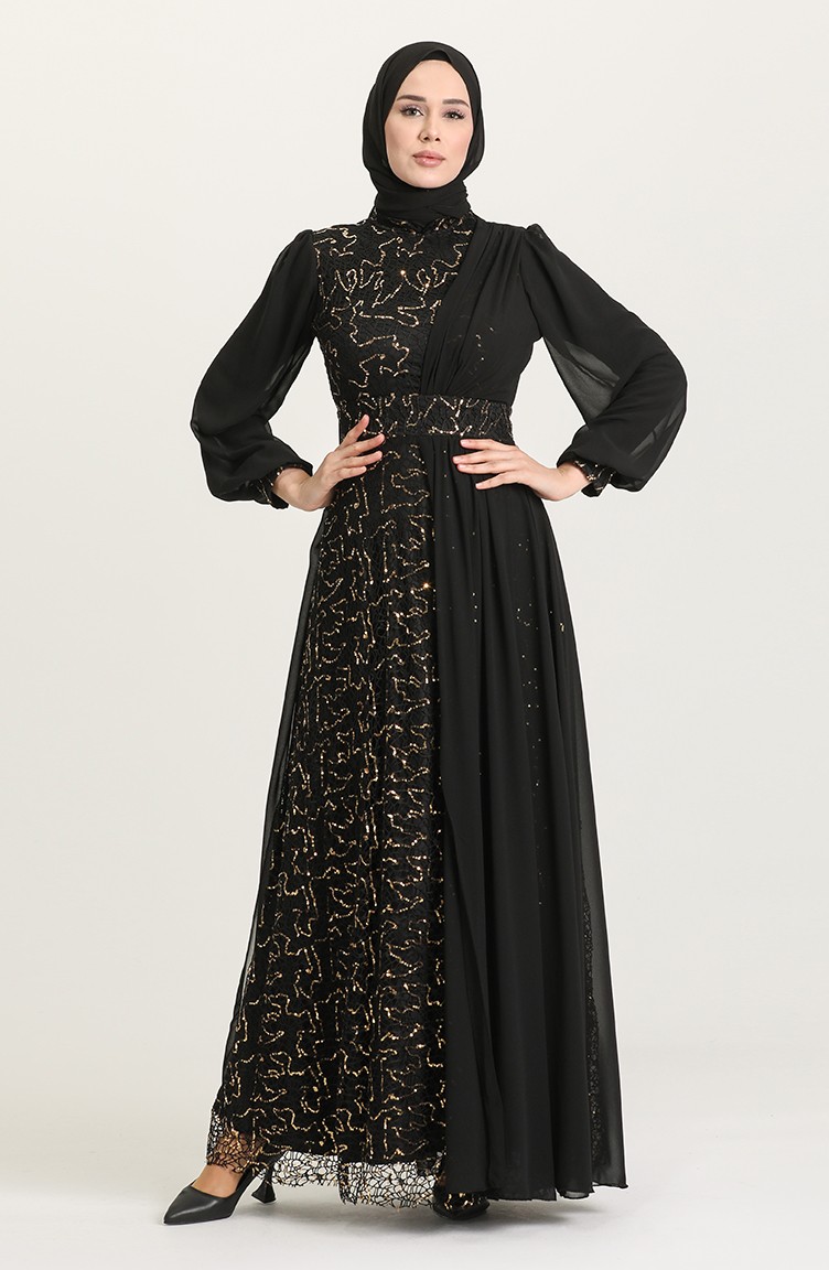 Pullu Abiye Elbise 5408A-01 Siyah Gold | Sefamerve