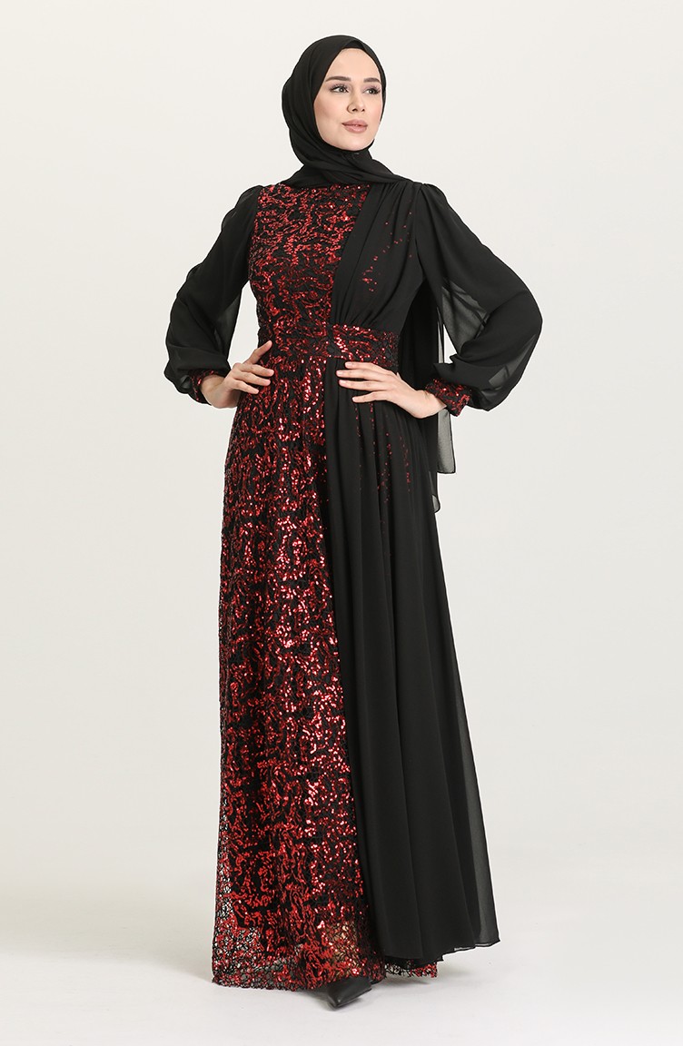 Pullu Abiye Elbise 5408A-02 Siyah Bordo | Sefamerve