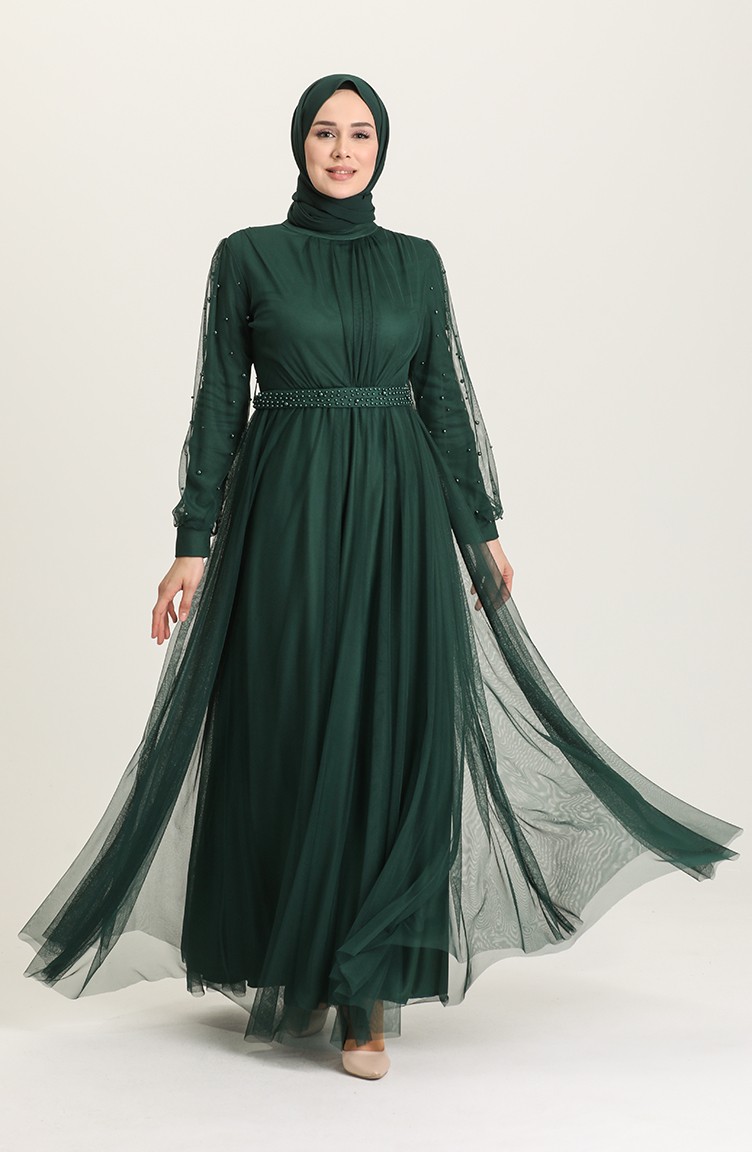 Emerald Green Hijab Evening Dress 5514-03 | Sefamerve