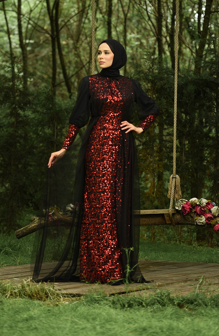 Payetli Abiye Elbise 5346-16 Siyah Kırmızı | Sefamerve