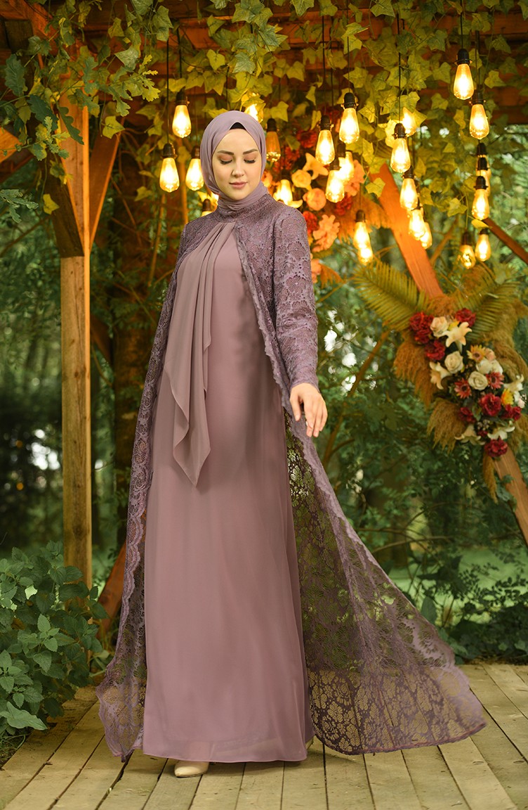 Beige-Rose Hijab-Abendkleider 3001-02 | Sefamerve